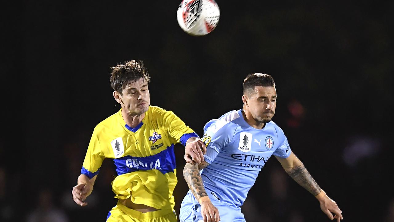 Jamie Maclaren of Melbourne City (R) scored two goals in Tuesday night’s FFA Cup win over Brisbane Strikers, but it may have come at a heavy cost. (Photo by Albert Perez/Getty Images)