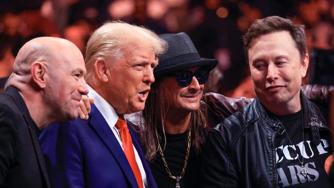 Dana White, US President-elect Donald Trump, singer Kid Rock and Tesla and SpaceX CEO Elon Musk. Photo by Kena Betancur / AFP.