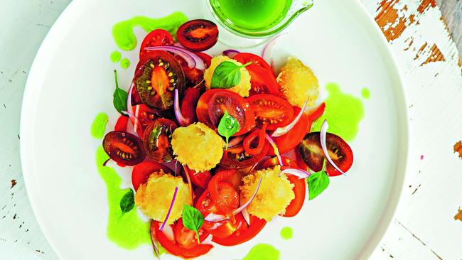 Tomato and basil oil with bocconcini fritters. Picture: Rodney Weidland