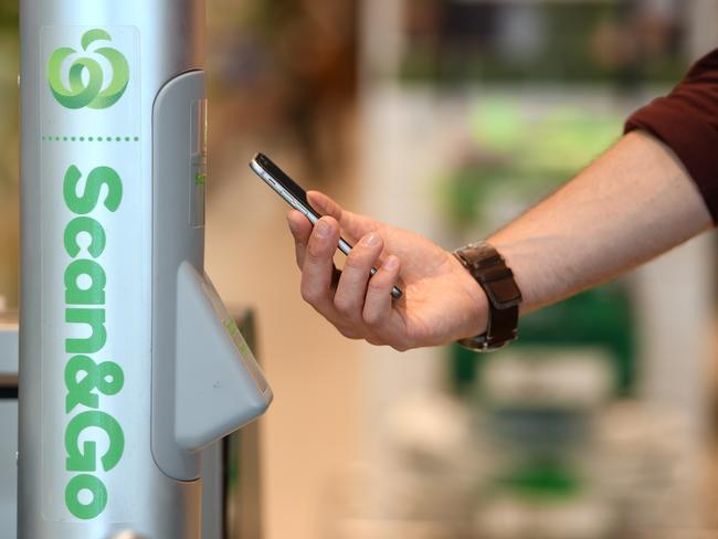 At the end of a shop, users simply tap off at the Scan &amp; Go terminal. Picture: Dan Himbrechts