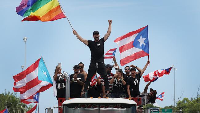 Ricky Martin protesting in San Juan, Puerto Rico in 2019, calling on Governor Ricardo Rossello to step down after misogynistic and homophobic comments emerged. Picture: Joe Raedle/Getty Images