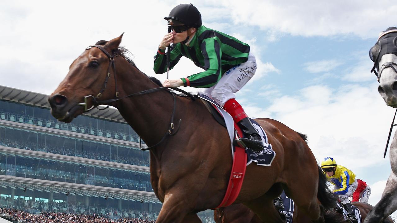 Jockey Craig Williams riding Alcopop wins the Longines McKinnon Stakes during AAMI Victoria Derby Day at Flemington Racecourse on 3rd November, 2012.