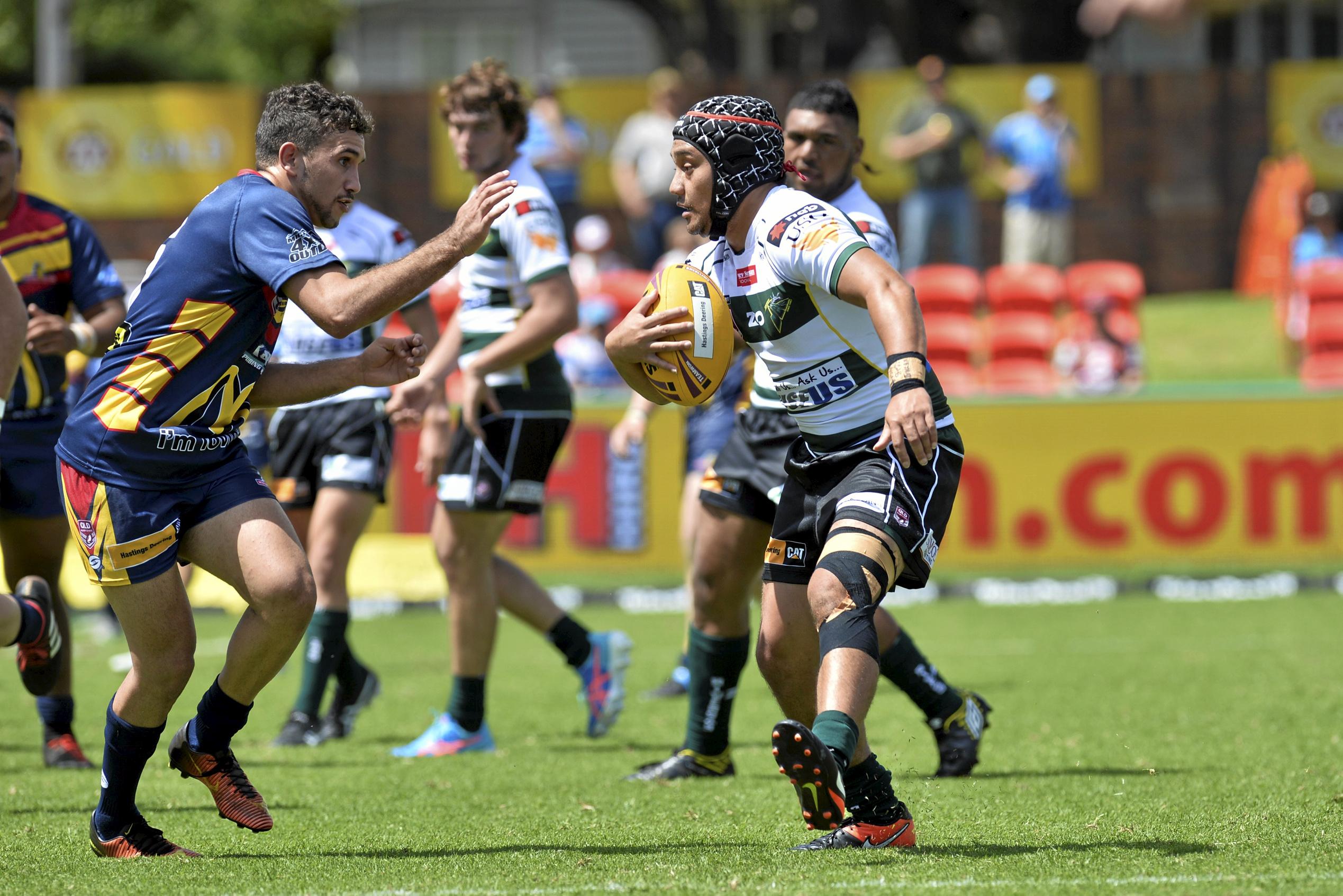 Wally Pegler of Western Mustangs and  Austin Masiutama of Ipswich Jets in round 3 Colts under 20 rugby league at Clive Berghofer Stadium, Sunday, March 25, 2018. Picture: Kevin Farmer