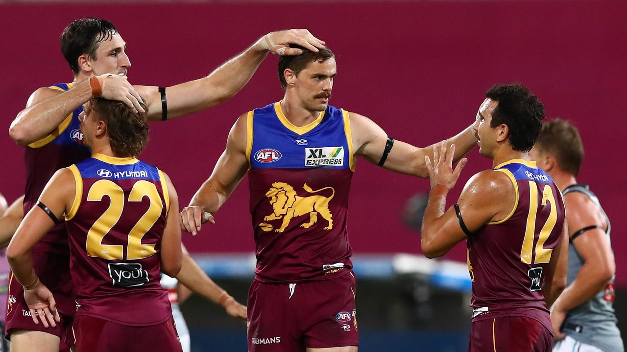 The Lions will be without star forward Joe Daniher (centre) for at least a month. Picture: Chris Hyde/Getty Images