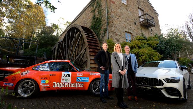 Tim Possingham, Tori Hobby and her father Greg Hobby, outside Bridgewater Mill. The venue will play a big part in the 2020 Shannons Adelaide Rally. Picture: Sam Wundke