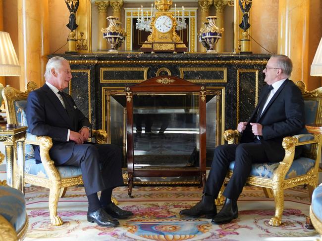 King Charles III speaks with Anthony Albanese, Prime Minister of Australia, in the 1844 Room at Buckingham Palace. Picture: AFP