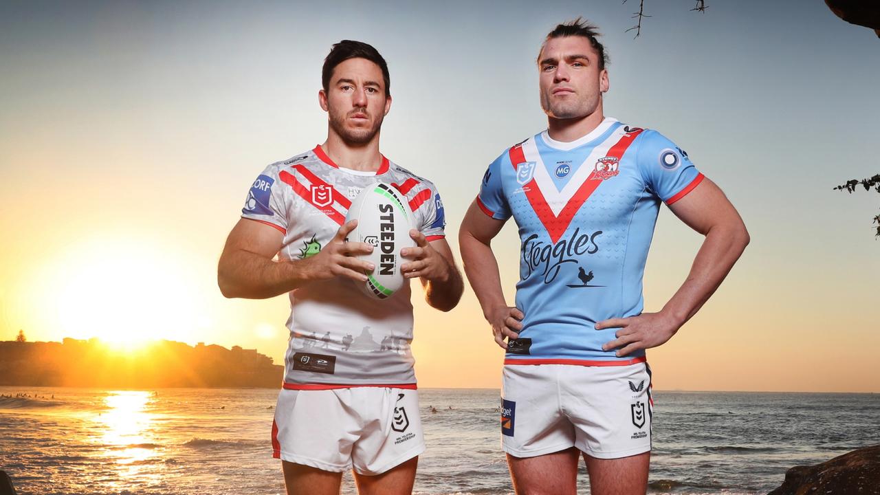 Ben Hunt and Angus Crichton showing off the Dragons and Roosters Anzac Day jerseys. Picture: Richard Dobson.