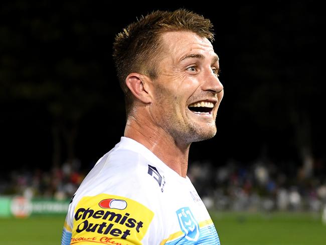 COFFS HARBOUR, AUSTRALIA - JULY 05: Kieran Foran of the Titans celebrates his team's victory during the round 18 NRL match between Cronulla Sharks and Gold Coast Titans at Coffs Harbour International Stadium, on July 05, 2024, in Coffs Harbour, Australia. (Photo by Albert Perez/Getty Images)