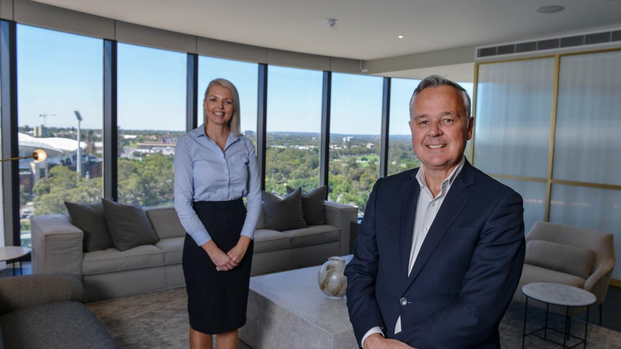 Hotel General Manager at Eos by SkyCity Jodi Brown and SkyCity Adelaide General Manager David Christian in the two bedroom The Grace Villa. Photo: Brenton Edwards