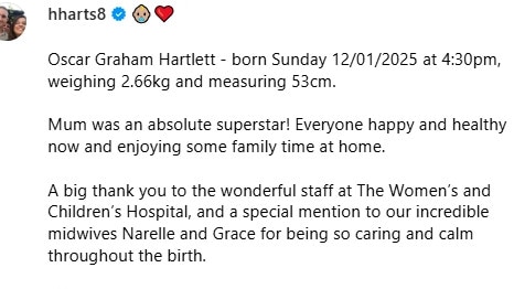 The announcement for Oscar Graham Hartlett. Picture: Instagram @silkysmoothluba/@hharts8