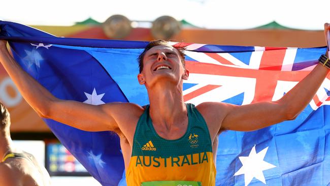 Dane Bird-Smith of Australia celebrates winning bronze in the men's 20km walk. Picture: Getty Images