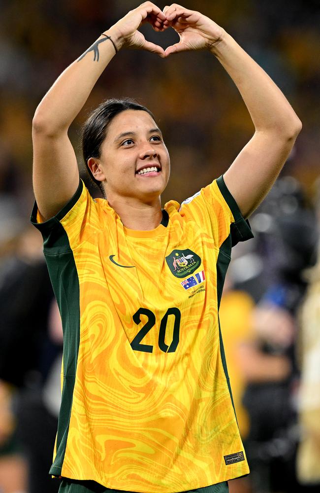 Sam Kerr makes a heart sign to Australian fans after the Matildas beat France. Picture: Bradley Kanaris/Getty Images