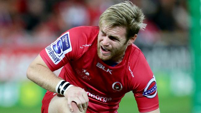 Ben Lucas of the Reds injured during the Super Rugby match between the Queensland Reds and the New South Wales Waratahs. Pic Darren England.