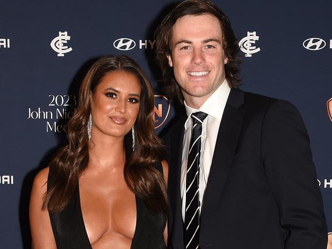 Carlton Football Club award the best and fairest player for the 2023 season at the John Nicholls Medal. Red carpet arrivals at Crown Palladium. (L-R) Kenyah Hura and Lachie Plowman. Picture: Josie Hayden