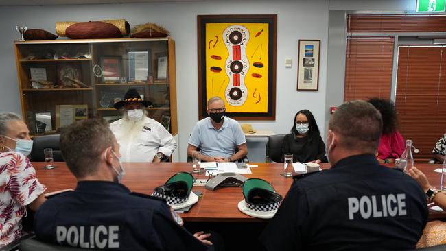 Anthony Albanese, Senator Pat Dodson and Indigenous Affairs Mininster Linda Burney discuss crime in Alice Springs last Tuesday. Picture: PMO