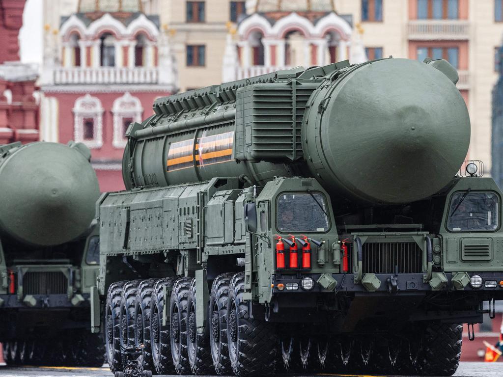 Russian Yars RS-24 intercontinental ballistic missile systems move through Red Square during the Victory Day military parade in Moscow on May 9, 2021. Picture: Dimitar DILKOFF / AFP