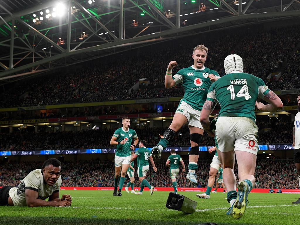 Ireland’s Mack Hansen celebrates with teammate Craig Casey after scoring a try. Picture: Getty Images