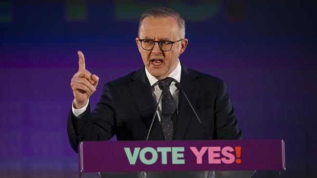 Prime Minister Anthony Albanese fires up during the official launch of the Yes23 campaign in Adelaide. Picture: AAP