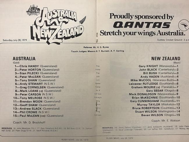 Match program team lists from famous 1979 Wallabies’ win over All Blacks. Picture: Supplied.