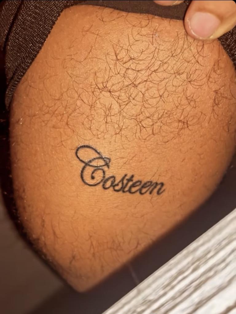 Nick Kyrgios has had his girlfriends name tattooed on his leg. Picture: Supplied