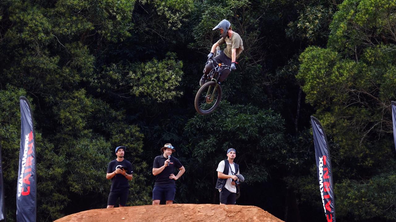 A mountain bike rider competes in the National Whipoff Championship on Day One of Crankworx Cairns. Picture: Brendan Radke