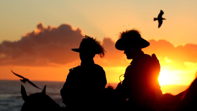 Members of the Mudgeeraba light horse troop take part in the Anzac Dawn Service at Currumbin Surf Life Saving Club on April 25, 2017 in Currumbin. Photo: Chris Hyde/Getty Images