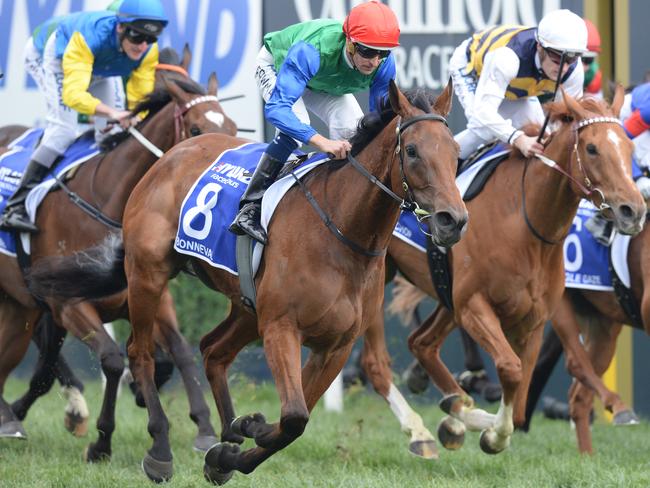 Bonneval (centre) takes out the Underwood Stakes. Picture: AAP