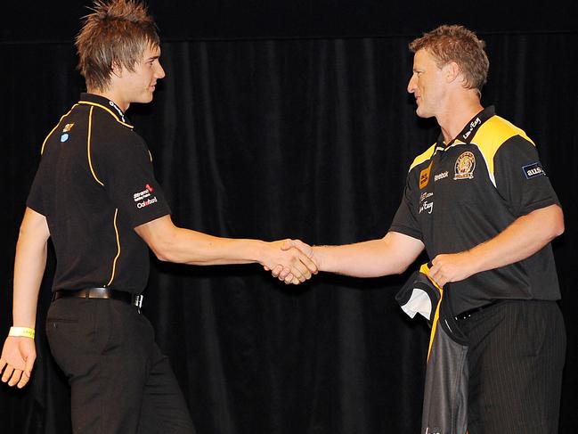 Dustin Martin with Damien Hardwick on draft day 2009. Picture: George Salpigtidis