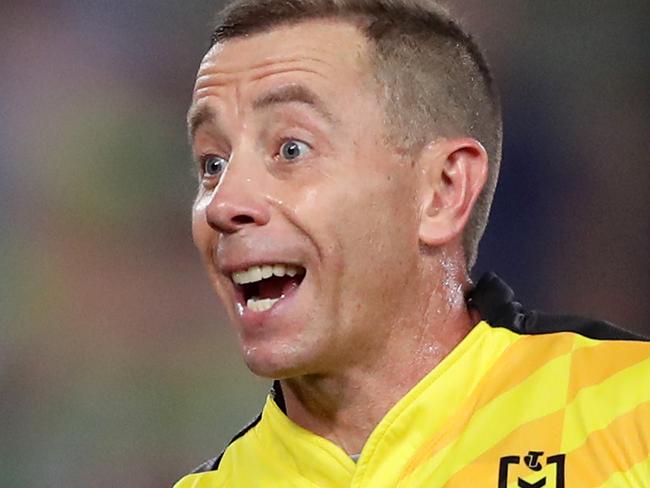 SYDNEY, AUSTRALIA - OCTOBER 06:  Referee Ben Cummins talks with Boyd Cordner of the Roosters is tackled during the 2019 NRL Grand Final match between the Canberra Raiders and the Sydney Roosters at ANZ Stadium on October 06, 2019 in Sydney, Australia. (Photo by Matt King/Getty Images)