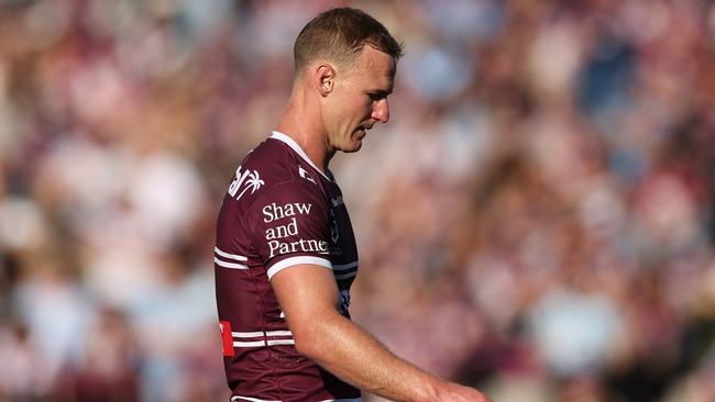 SYDNEY, AUSTRALIA - SEPTEMBER 08: Daly Cherry-Evans of Manly reacts during the round 27 NRL match between Manly Sea Eagles and Cronulla Sharks at 4 Pines Park, on September 08, 2024, in Sydney, Australia. (Photo by Cameron Spencer/Getty Images)