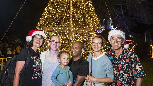 At Toowoomba's Christmas Wonderland are (from left) Susanna Collier, Anna Cheung, Manaaki Cheung, Nigel Cheung, Elisabeth Collier and Michael Collier in Queens Park, Saturday, December 7, 2024. Picture: Kevin Farmer