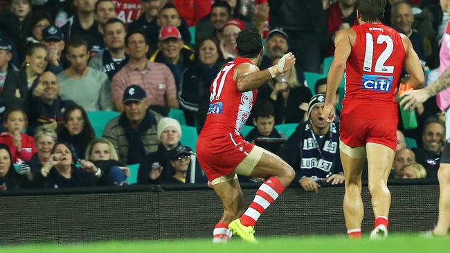 Adam Goodes performs his Aboriginal war dance in 2015. Picture: Phil Hillyard