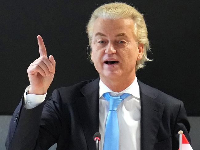 Hard-right politician Geert Wilders, leader of the Dutch Party for Freedom (PVV), delivers a speech after his party's victory in Thursday’s general election. Picture: Carl Court/Getty Images