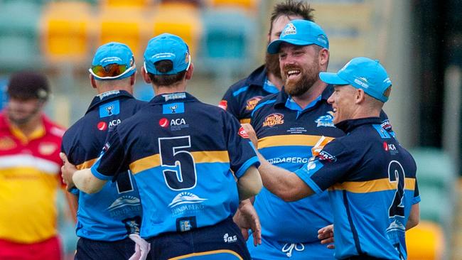 The Gold Coast Thunder in action at the Bulls Masters Country Challenge Twenty20 cricket final at the Gabba on Sunday, January 19. Picture: Bob Jones