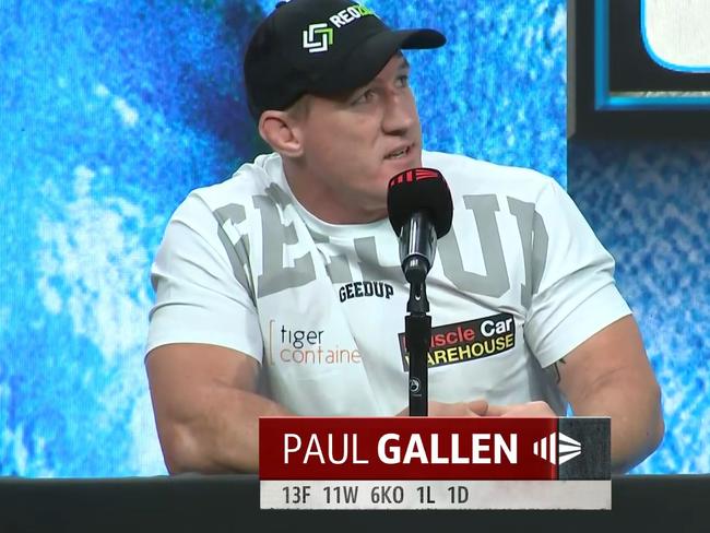 Paul Gallen addresses Josh Aloiai in Monday's press conference. Photo: Kayo.