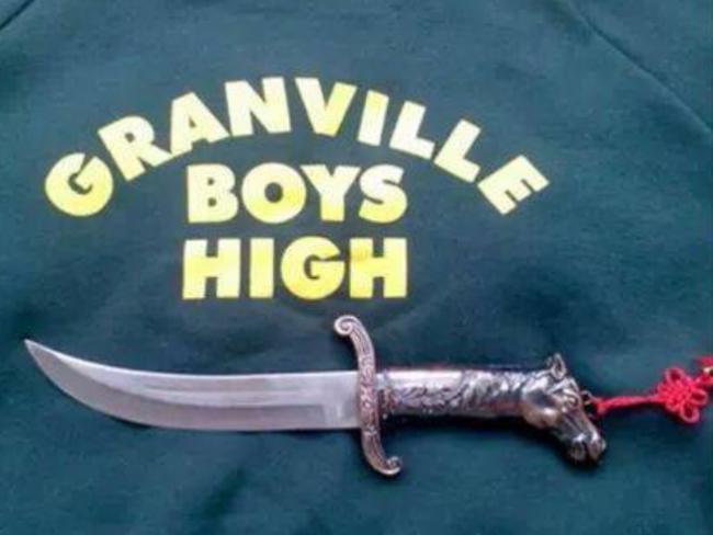A Facebook post of a Granville Boys High School jacket and a knife.
