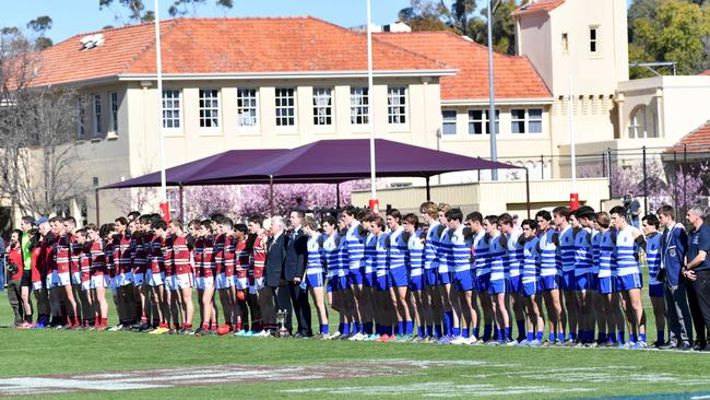 Prince Alfred and St Peter’s players line up before Saturday’s intercollegiate clash. Picture: AAP/ Keryn Stevens.