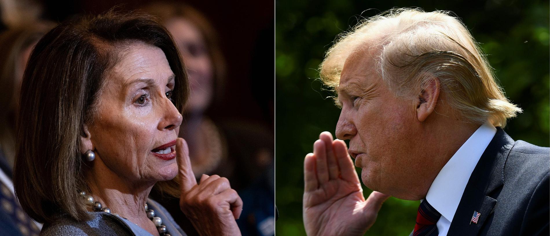 (FILES) In this file combination of pictures created on May 22, 2019 shows US Speaker of the House Nancy Pelosi (D-CA)(L) talks about healthcare legislation on Capitol Hill March 26, 2019, in Washington, DC and US President Donald Trump announces a new immigration proposal, in the Rose Garden of the White House in Washington, DC, on May 16, 2019. - US House Speaker Nancy Pelosi said January 10, 2021, she was ready to start second impeachment proceedings against President Donald Trump unless he was removed from office within days. (Photos by Brendan Smialowski / AFP)