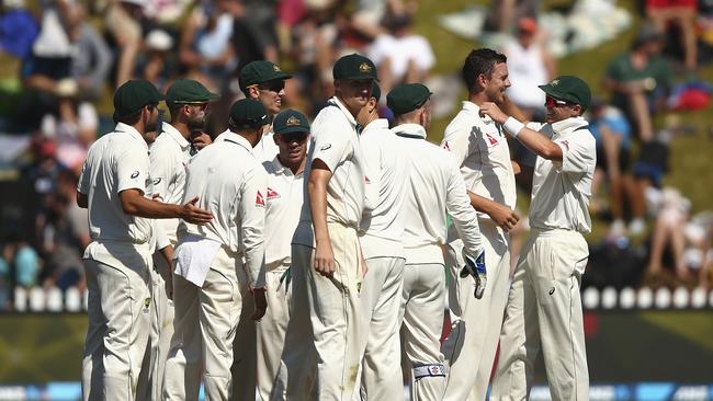 WELLINGTON, NEW ZEALAND - FEBRUARY 14: Josh Hazlewood and Peter Siddle of Australia celebrates after Hazlewood claimed the wicket of Kane Williamson of New Zealand during day three of the Test match between New Zealand and Australia at Basin Reserve on February 14, 2016 in Wellington, New Zealand. (Photo by Ryan Pierse/Getty Images)