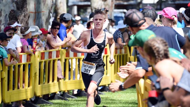 Qld School Sport Triathlon/Aquathlon State Championships - Intermediate Race. Wide Bay's Toby Powers wins the boys race in 2019.
