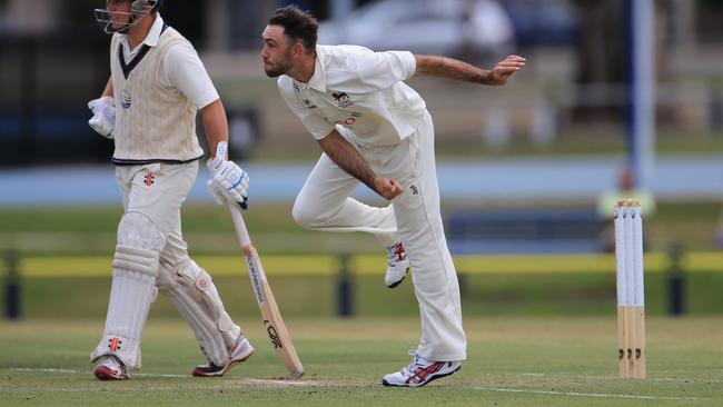 Glenn Maxwell bowls for Fitzroy Doncaster in Victorian Premier Cricket. Picture: Peter Ristevski