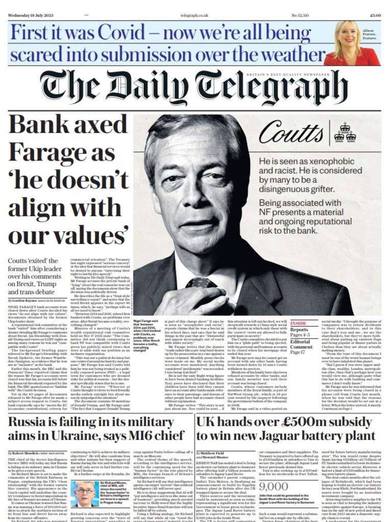 The Daily Telegraph front page for Wednesday 19 July 2023