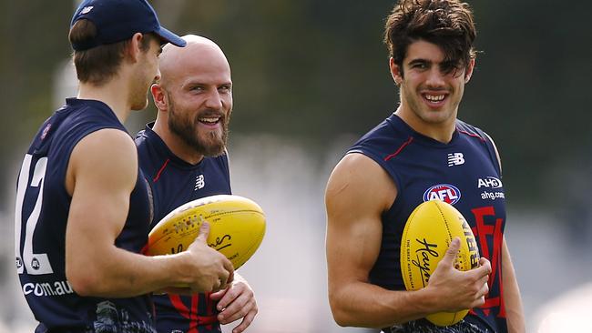 Christian Petracca (right) isn’t short on confidence. Picture: Wayne Ludbey
