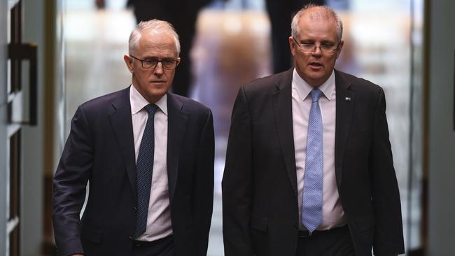 Prime minister Malcolm Turnbull and Scott Morrison before the 2018 spill vote. Picture: AAP