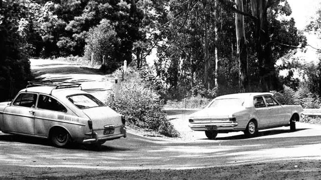 Cars navigating the Devil's Elbow on Mount Dandenong Tourist Rd in 1975.