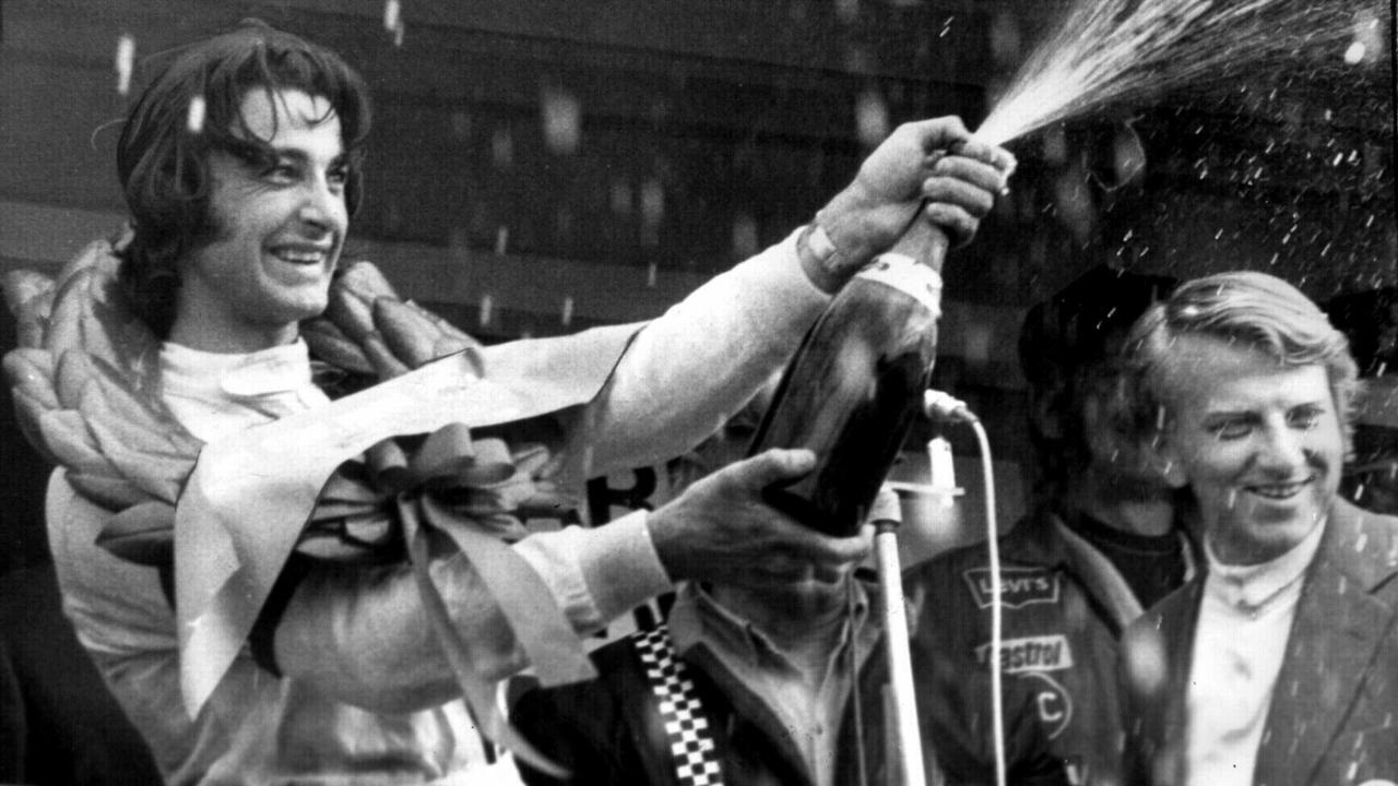 Brock celebrates victory on Mount Panorama in 1972.