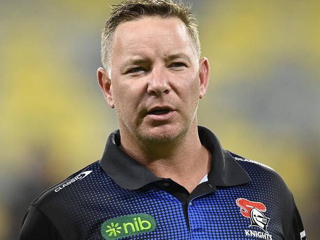 TOWNSVILLE, AUSTRALIA - APRIL 22: Newcastle coach Adam O'Brien looks on before the start of the round eight NRL match between North Queensland Cowboys and Newcastle Knights at Qld Country Bank Stadium on April 22, 2023 in Townsville, Australia. (Photo by Ian Hitchcock/Getty Images)