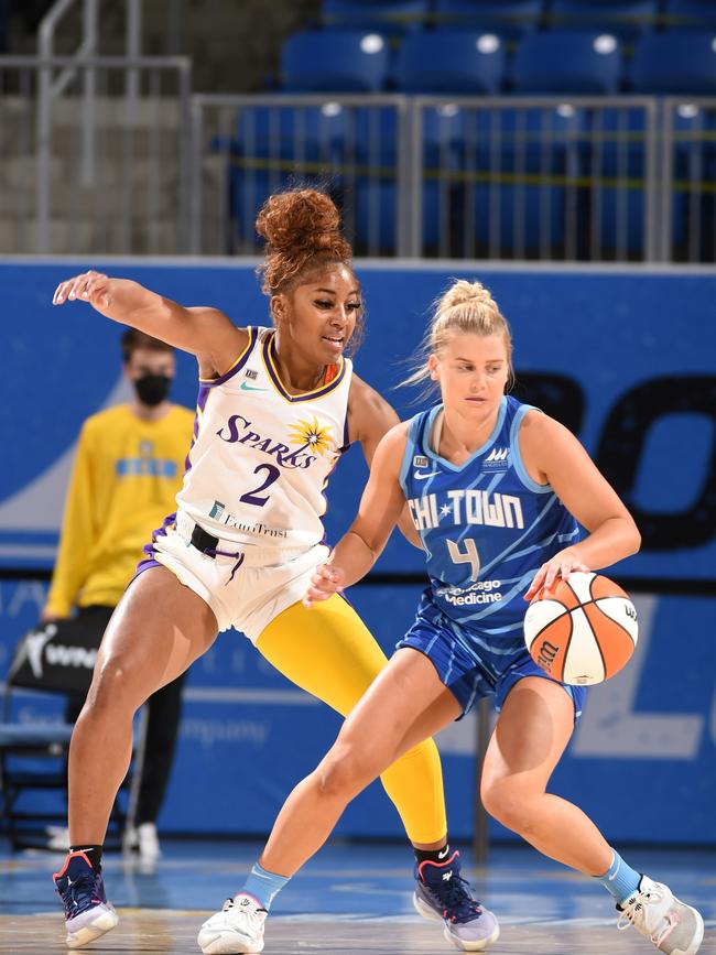 Shyla Heal on the court for Chicago Sky in May, holding off Te’a Cooper of the Los Angeles Sparks. (Picture: Getty Images)