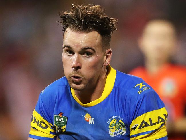 Parramatta's Clint Gutherson makes a break during the St George Dragons v Parramatta Eels rugby league game at WIN Stadium, Wollongong. Picture: Brett Costello