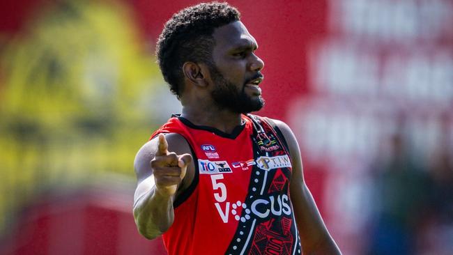 Kim Kantilla playing for the Tiwi Bombers in the 2024-25 NTFL season. Picture: Patch Clapp / AFLNT Media